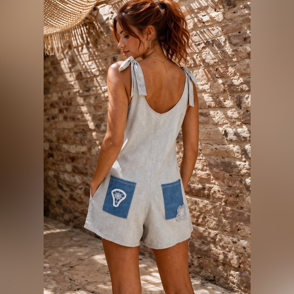 Organic Linen Cotton Romper Boho Handmade Floral Patch Lace Loose Fit S/M NWT - Picture 4 of 11